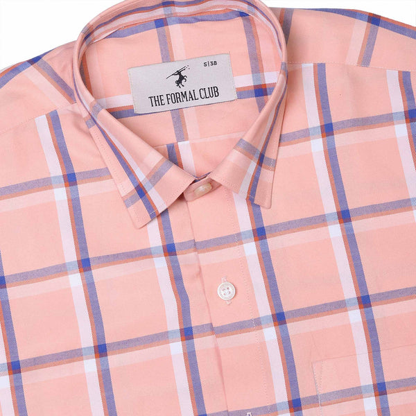 Vento Full Sleeves Twill Check Shirt in Peach Blue